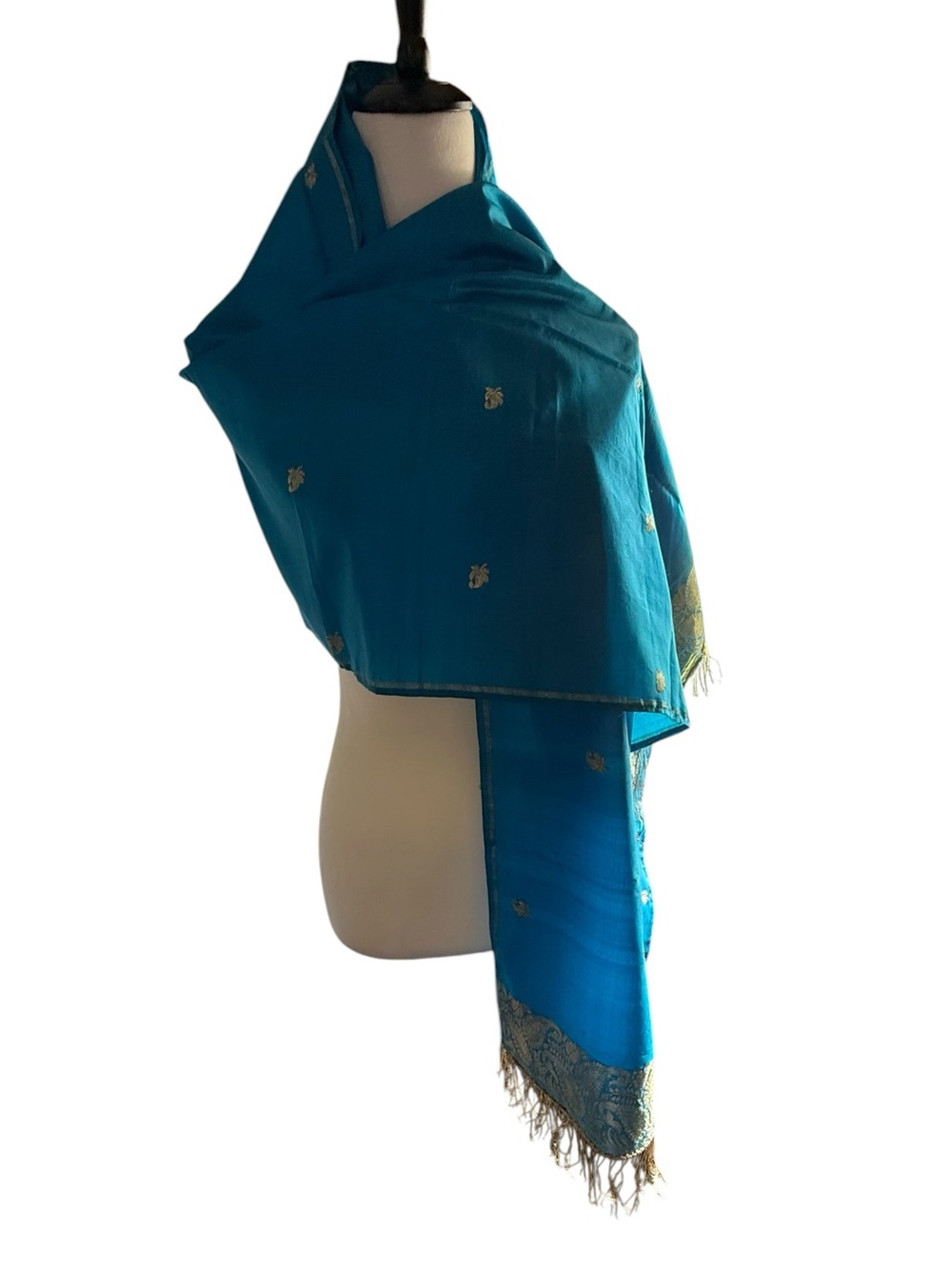 Embroidered Teal Wrap Scarf with Gold Accents and Gold Fringe
